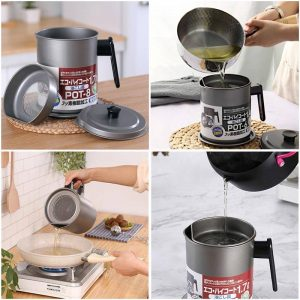 Oil Strainer Pot with fine mesh filter, airtight lid and heat-resistant handle