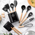 11-Piece Silicone Kitchen Utensil Set with natural beechwood handles and black holder stand